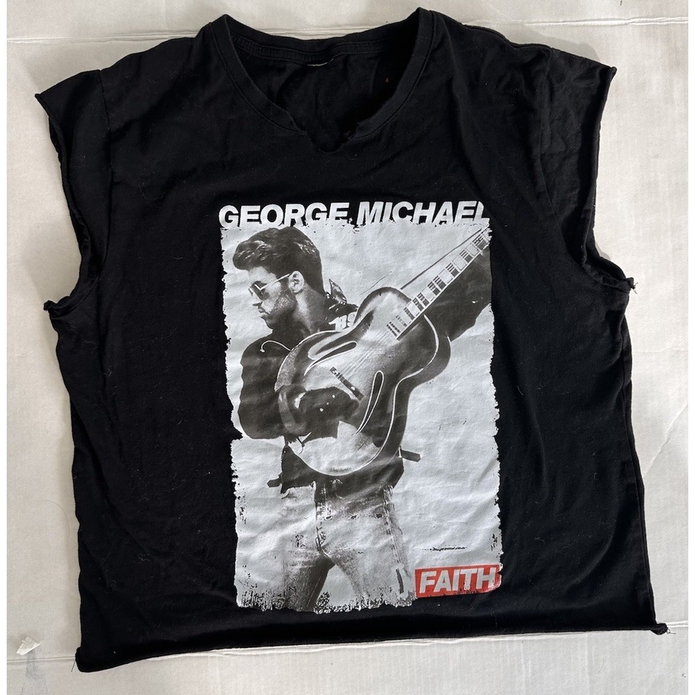 George Michael Faith Graphic Tee DIY Cut Sleeveless Crop Distressed Black L XL
